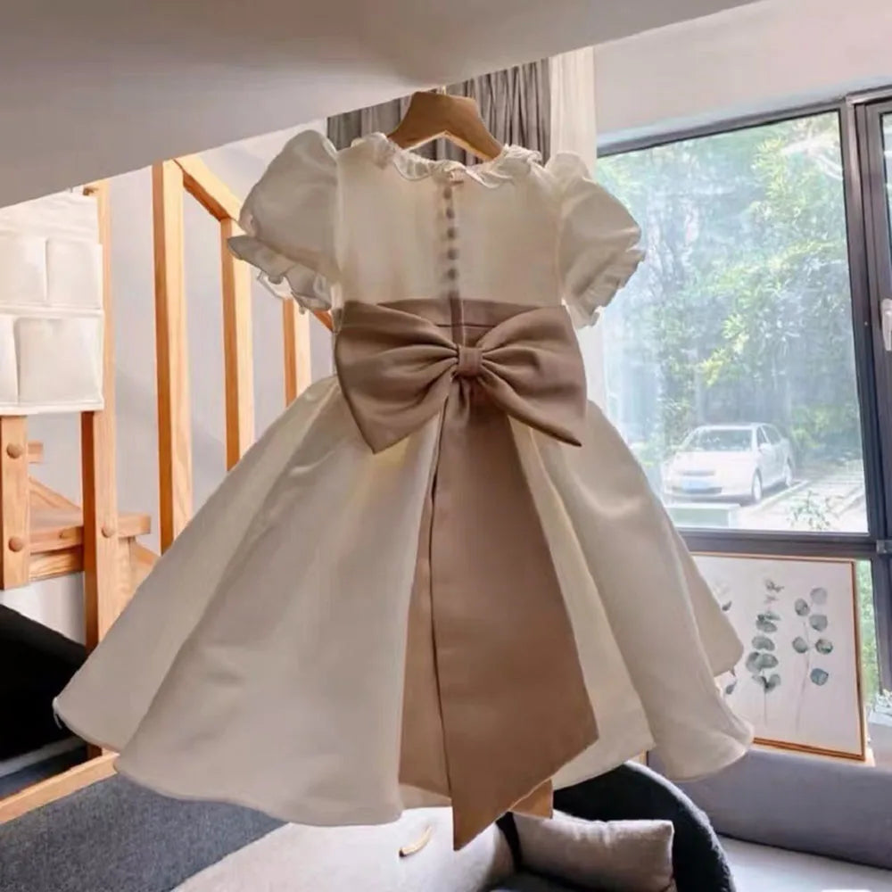 荷葉袖褶皺婚禮派對舞會禮服/女寶寶生日禮服/復古優雅兒童公主裙/適合1-12歲兒童