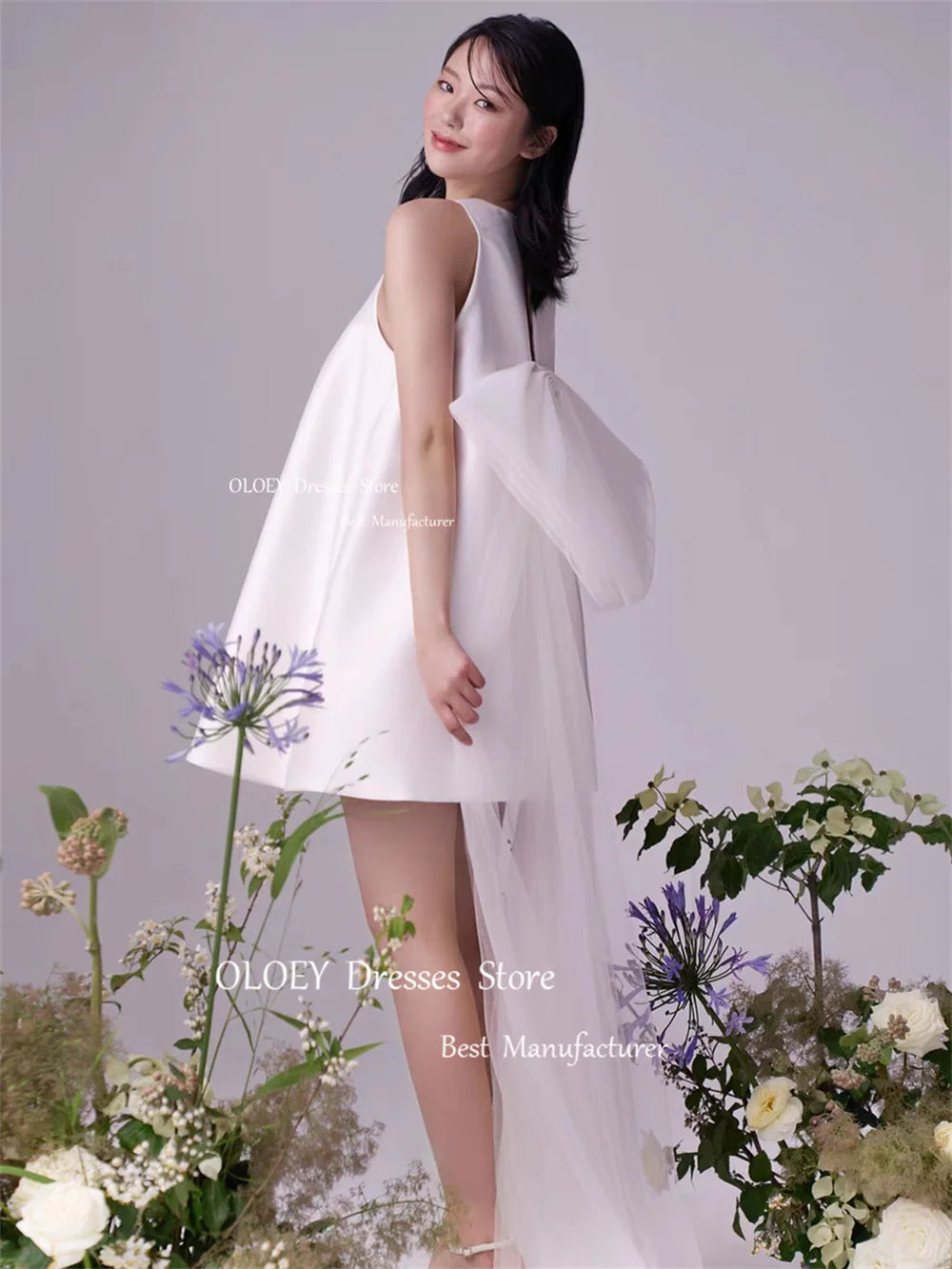 簡約緞面短婚紗/韓國寫真/無袖 O 領新娘禮服/蝴蝶結正式禮服/定制