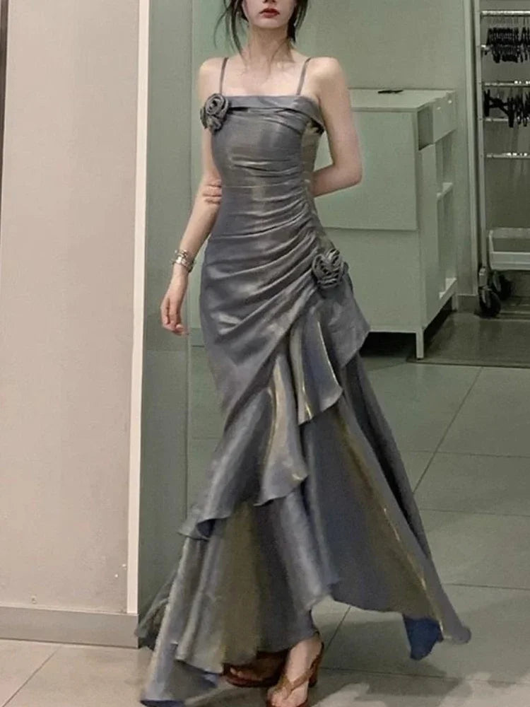 韓國復古天鵝絨長裙/奢華修身美人魚細肩帶碎花洋裝/優雅性感休閒晚會派對禮服