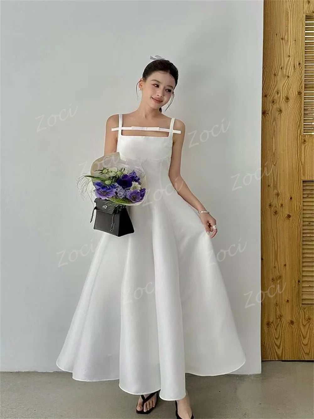 公主緞面 A 字韓國婚紗/蝴蝶結領細肩帶新娘禮服訂製/及踝婚紗照拍攝