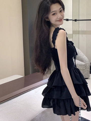 性感吊帶洛麗塔風格黑色連身裙/復古無袖 Y2K 迷你連身裙/夏季修身甜美韓國繫帶蛋糕裙/新品