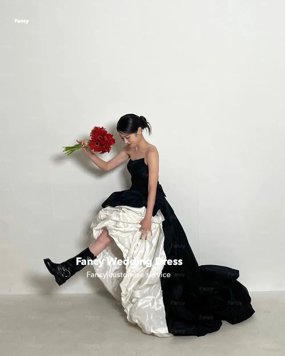 精美韓國露肩婚紗/白色和黑色塔夫綢晚會禮服/A字形後背蝴蝶結/定制