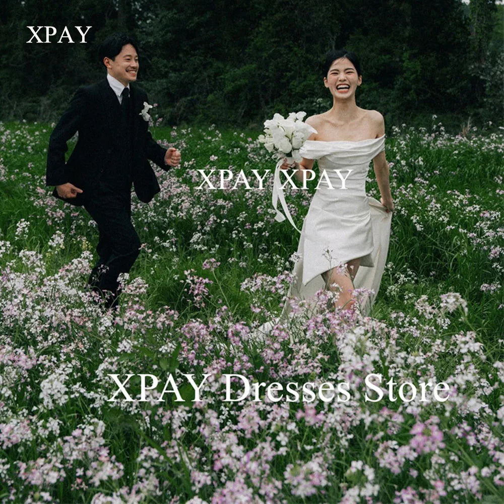一字肩迷你短款婚禮派對禮服/柔軟緞面摺皺設計/不對稱裙擺/帶拖尾新娘禮服/背部可訂製綁帶