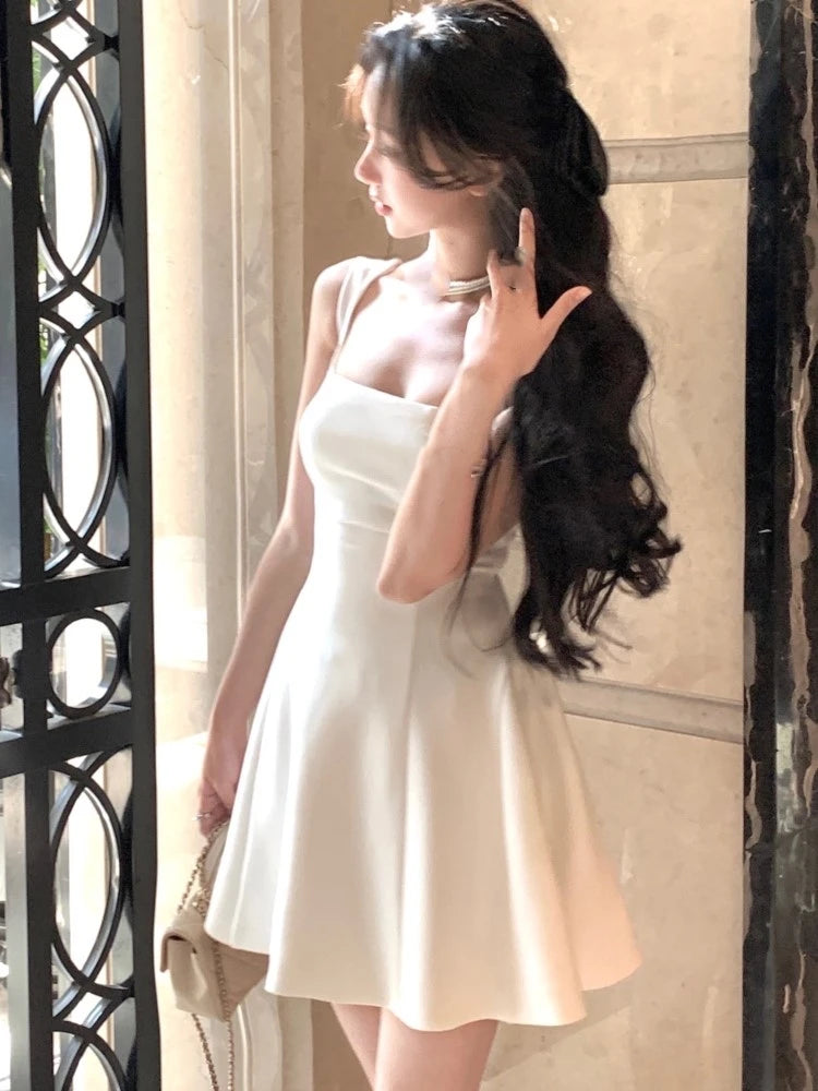 婚禮禮服/夏季純色中長洋裝/法式優雅節慶派對禮服/A字形舞會長裙/女裝新款 (現貨)