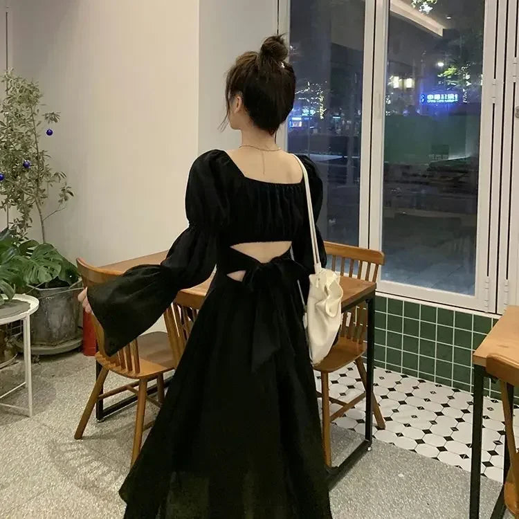 甜背泡泡袖洋裝/秋季新款粉紅綁帶洋裝/時尚優雅雪紡長裙