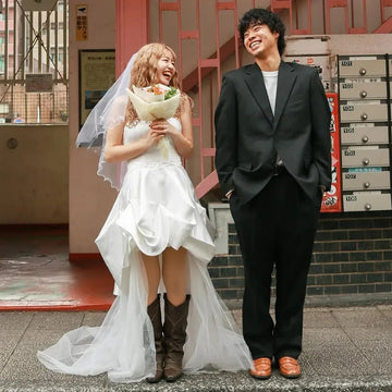簡約短婚紗拍照禮服/露肩薄紗緞面韓國新娘禮服/迷你膝蓋以上緊身胸衣訂製