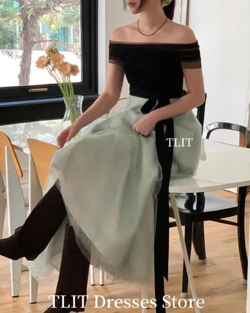 簡約黑綠色韓系晚禮服/ 婚禮派對禮服/ 無肩帶 長款 正式場合洋裝/ 可訂製
