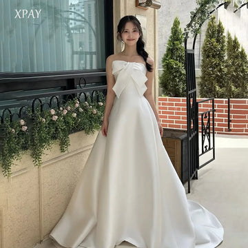 無肩帶 A 字簡約緞面婚紗/ 可客製/ 拍照宴客長禮服