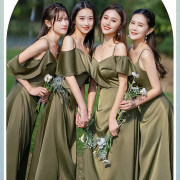 墨綠色緞面長款伴娘禮服｜小型婚禮與海外婚禮適用