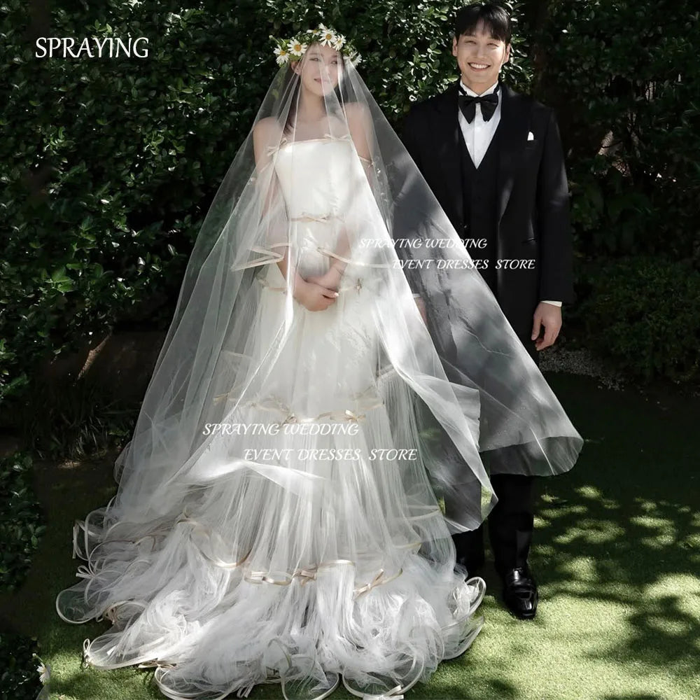 公主風平口婚紗/ 韓系攝影款/ 象牙白紗質 及地長 層次拖尾/ 馬甲訂製款