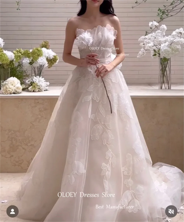 優雅A字蕾絲韓國婚紗攝影/獨特頸部褶皺精緻新娘禮服/束身衣定制