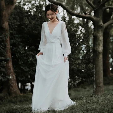 法式優雅白色婚禮長洋裝｜性感V領長袖禮服 可客製婚宴派對長裙