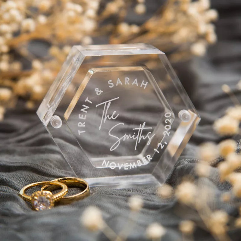 訂製透明六角形戒指盒/雕刻壓克力結婚戒指盒/個性化框架訂婚戒指儲物禮品戒指盒