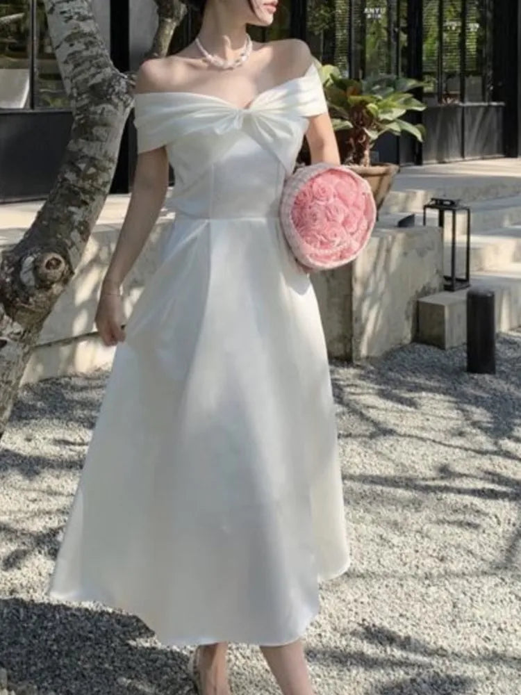 夏季新款優雅婚禮白色洋裝/復古 A 字休閒中長派對舞會背心/時尚別緻長裙