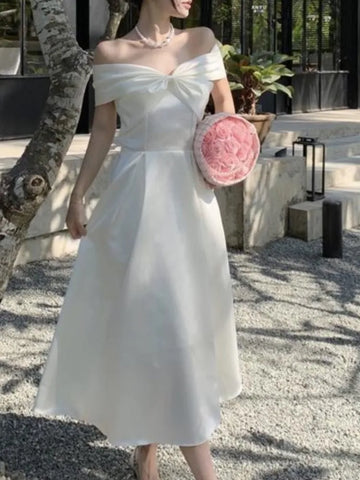 夏季新款優雅婚禮白色洋裝/復古 A 字休閒中長派對舞會背心/時尚別緻長裙