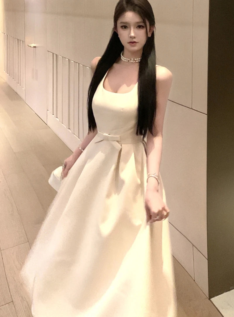 優雅純色公主晚會禮服/法式浪漫黑色畢業禮服/韓國夏季細肩帶婚禮禮服