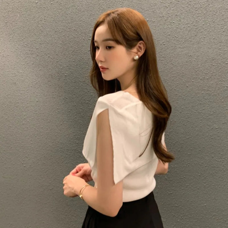 斜領短上衣/ 開衩肩修身短袖針織/ Y2K 女裝/圖案 T 條紋襯衫