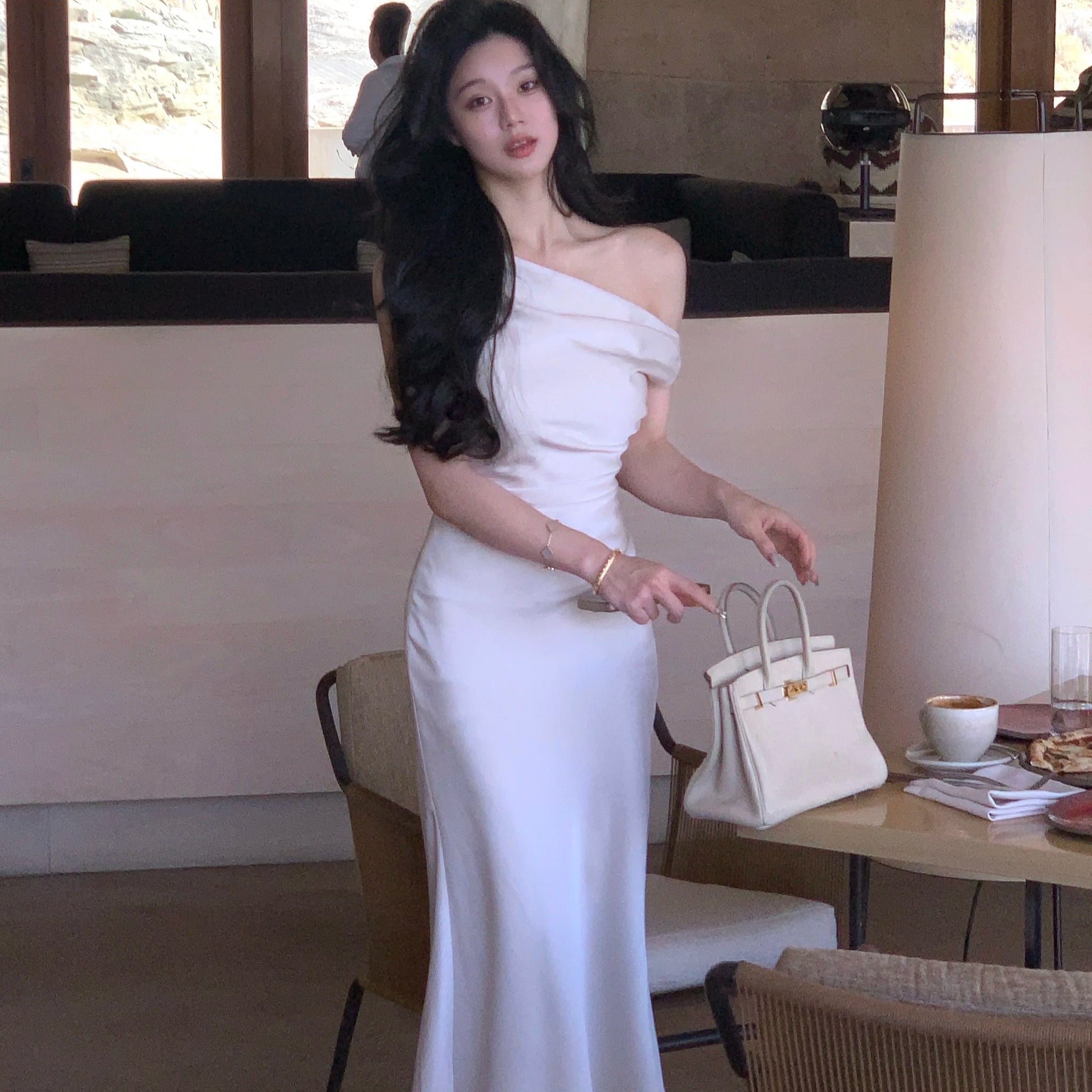 優雅純色晚會禮服/夏季時尚韓版畢業禮服/露肩修身連身裙