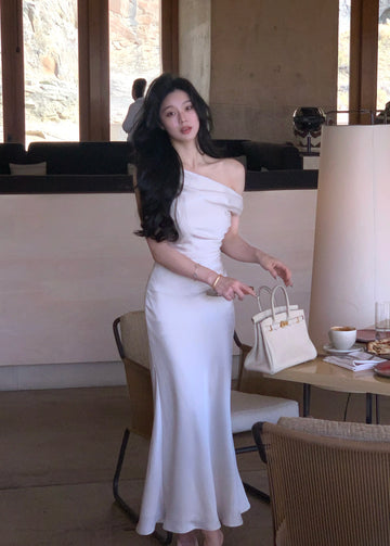 優雅純色晚會禮服/夏季時尚韓版畢業禮服/露肩修身連身裙