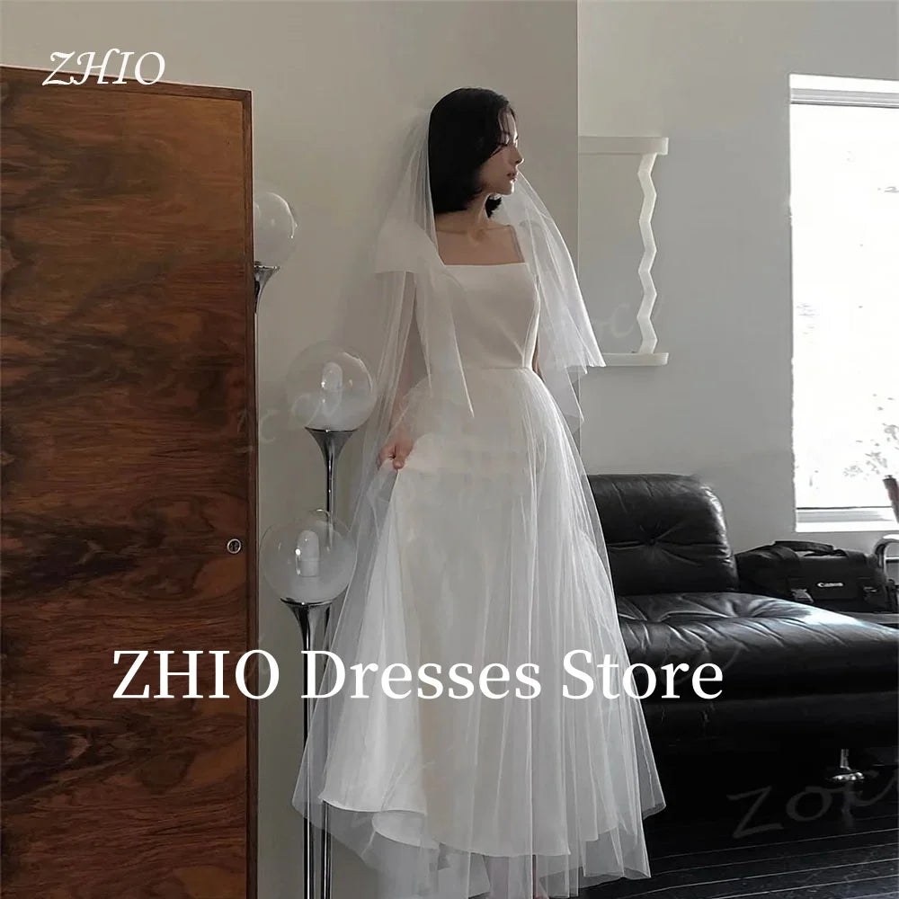 韓國風方領短袖A字型婚紗/ 拖地款/ 綁帶背/ 可訂製/ 晚禮服款