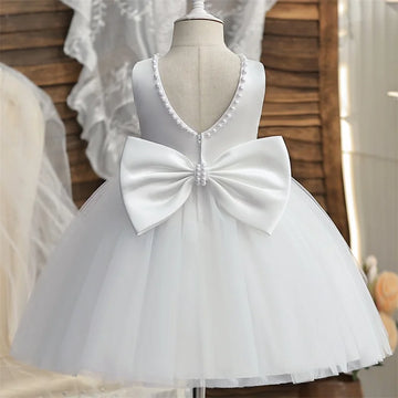 婚禮派對女孩連身裙/兒童珍珠優雅公主裙/女童露背蝴蝶結/女嬰1歲生日芭蕾舞裙