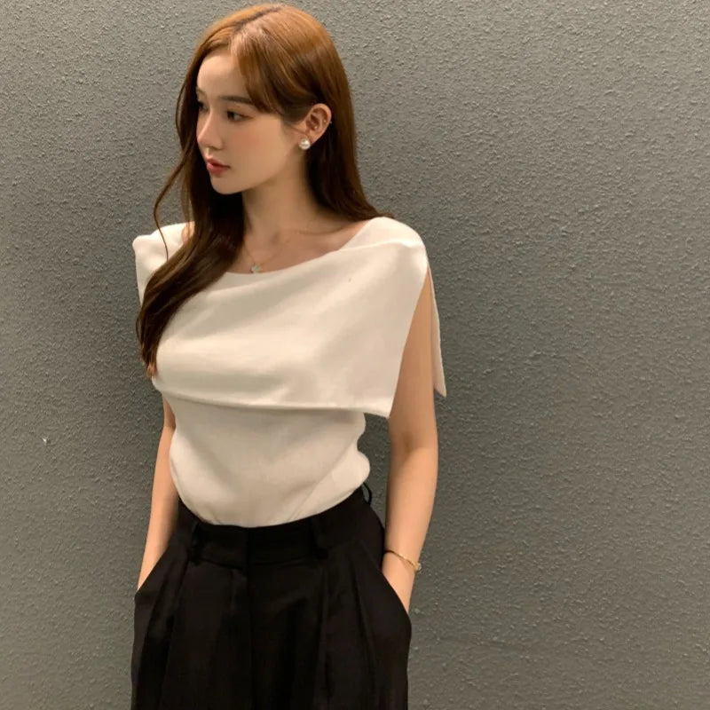 斜領短上衣/ 開衩肩修身短袖針織/ Y2K 女裝/圖案 T 條紋襯衫