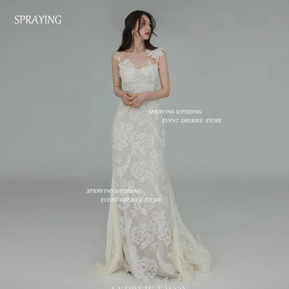 奢華蕾絲韓國婚紗寫真拍攝/吊帶O領美人魚長款新娘禮服/束身衣訂製