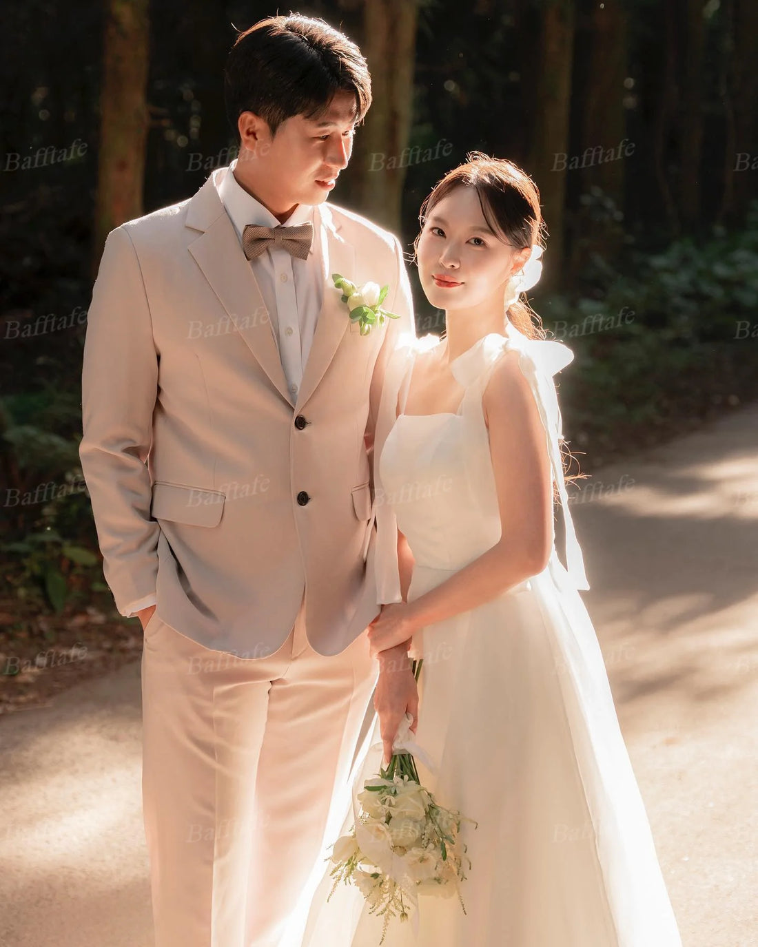韓國 A 字歐根紗婚紗/分層肩帶繫帶新娘/正式派對婚禮攝影/新娘長禮服