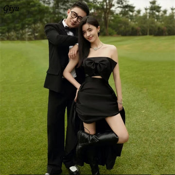 黑色蝴蝶結平口前短後長輕婚紗｜客製極簡緞面小黑裙｜外拍與晚宴推薦