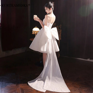 婚紗/白色蝴蝶結吊帶裙/緞面晚禮服/優雅性感迷你裙/簡約婚禮派對禮服