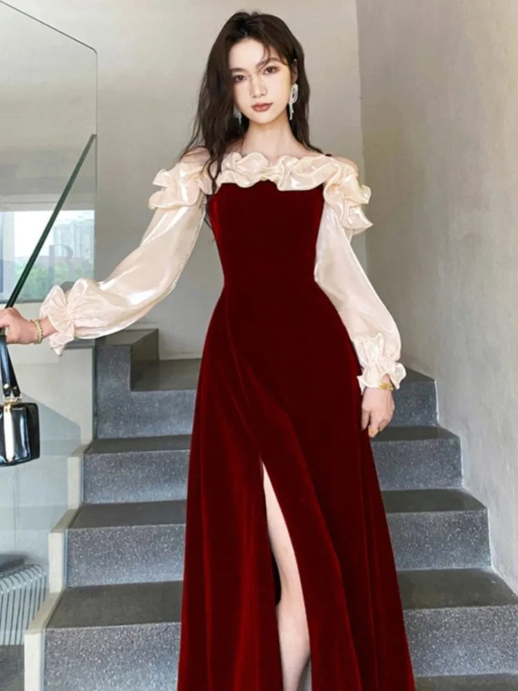 優雅紅色荷葉邊一字領禮服裙/ Puff 袖中長洋裝/ 宴會婚禮晚宴裙