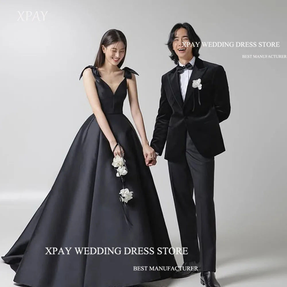 現代黑色婚禮派對晚禮服/ A 字形訂製細肩帶正式舞會禮服/緞面婚禮照片拍攝