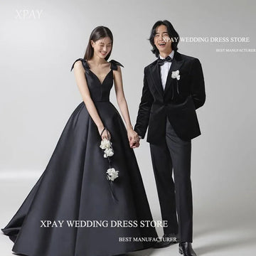 現代黑色婚禮派對晚禮服/ A 字形訂製細肩帶正式舞會禮服/緞面婚禮照片拍攝