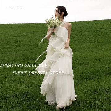 露背 A 字婚紗韓國拍攝/歐根紗無袖束身新娘禮服/長版分層婚紗訂製