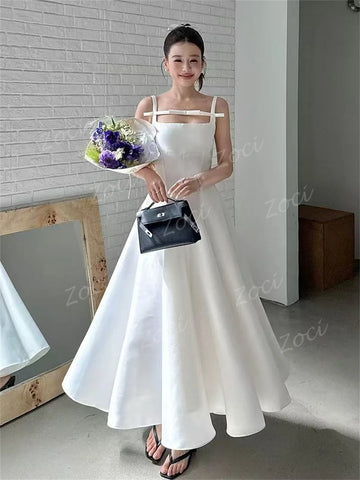 公主緞面 A 字韓國婚紗/蝴蝶結領細肩帶新娘禮服訂製/及踝婚紗照拍攝