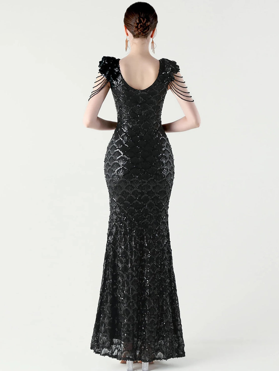 WeddLin 亮片深V露背魚尾晚禮服｜修身魚尾剪裁．派對與正式晚宴適用