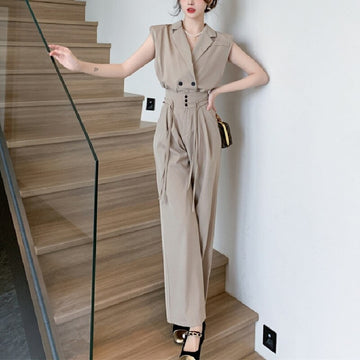 OL夏季服裝/女裝/氣質無袖夾克背心 + 繫帶寬褲套裝/ 2 兩件套