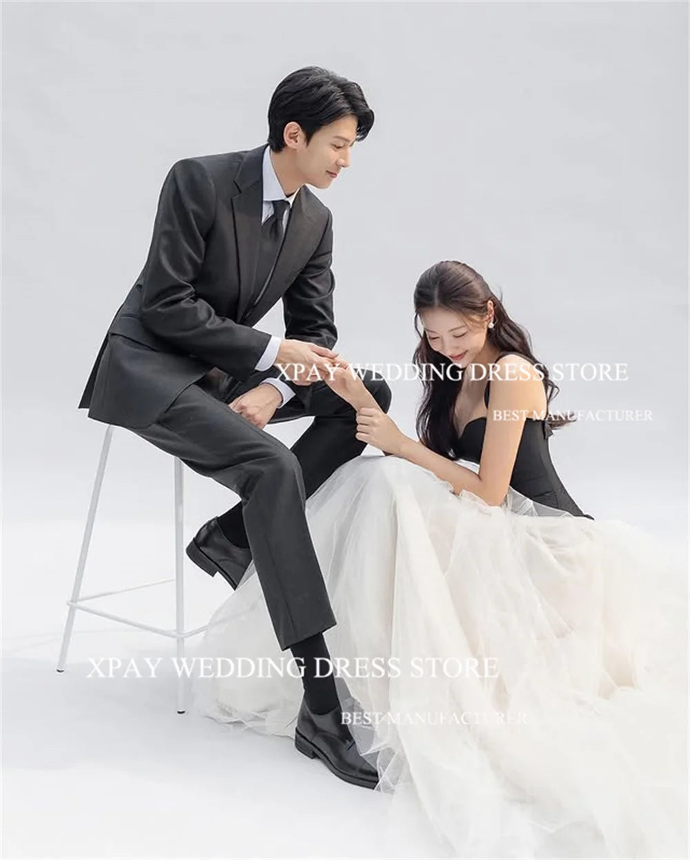 黑白撞色吊帶韓國舞會禮服/ A 字形訂製拖地長晚禮服/婚禮拍攝
