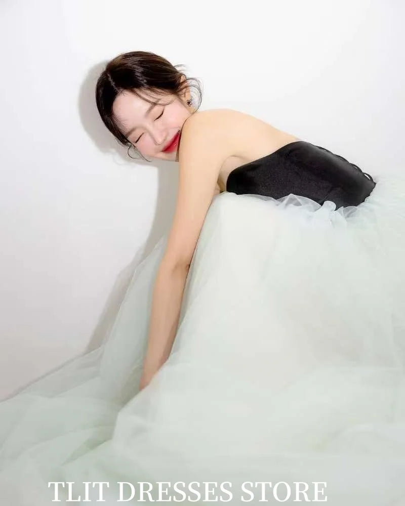 淡綠色薄紗禮服｜可訂製無肩晚禮洋裝｜婚紗攝影造型服