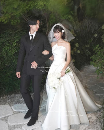 公主象牙白緞面婚紗/A字韓式拍攝長款舞會禮服/無袖婚禮派對禮服/定制
