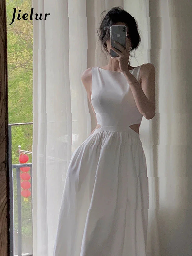 夏季新款素色修身連身裙/ 無袖中長款女裝洋裝（黑/白）
