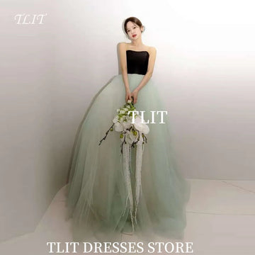 淡綠色薄紗禮服｜可訂製無肩晚禮洋裝｜婚紗攝影造型服