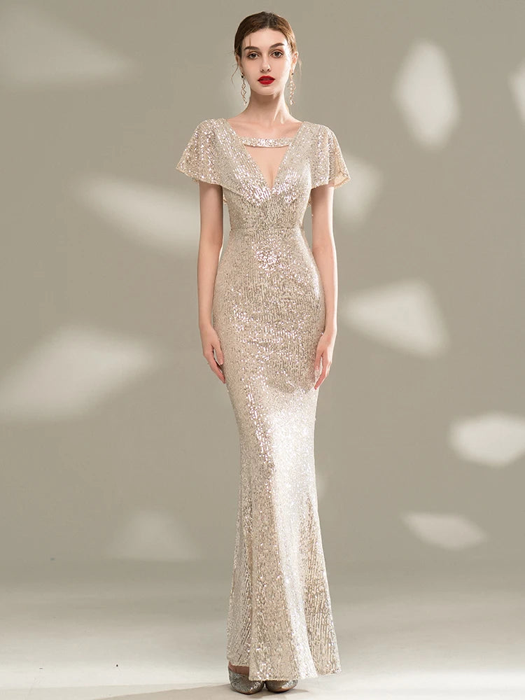 璀璨亮片深 V 領魚尾禮服｜新娘敬酒、正式晚宴首選