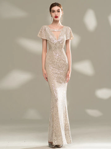 璀璨亮片深 V 領魚尾禮服｜新娘敬酒、正式晚宴首選