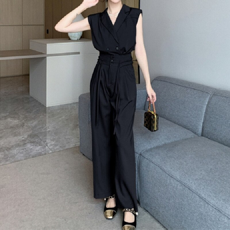OL夏季服裝/女裝/氣質無袖夾克背心 + 繫帶寬褲套裝/ 2 兩件套