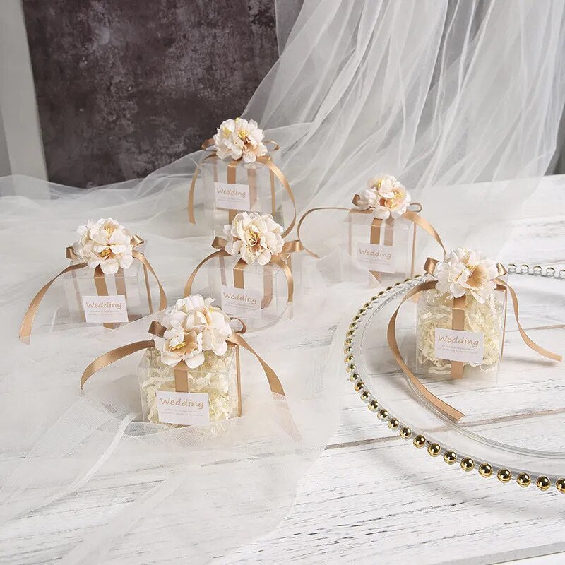透明糖果盒/人造花絲帶婚禮紀念品/賓客霧面糖衣巧克力禮盒