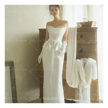 韓系緞面魚尾輕婚紗｜心型領立體抓褶馬甲綁帶禮服・小型婚禮與外拍婚紗推薦｜weddlin 客製婚紗