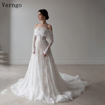 lvory 蕾絲婚紗/露肩長袖新娘禮服/拖尾新娘禮服/訂製