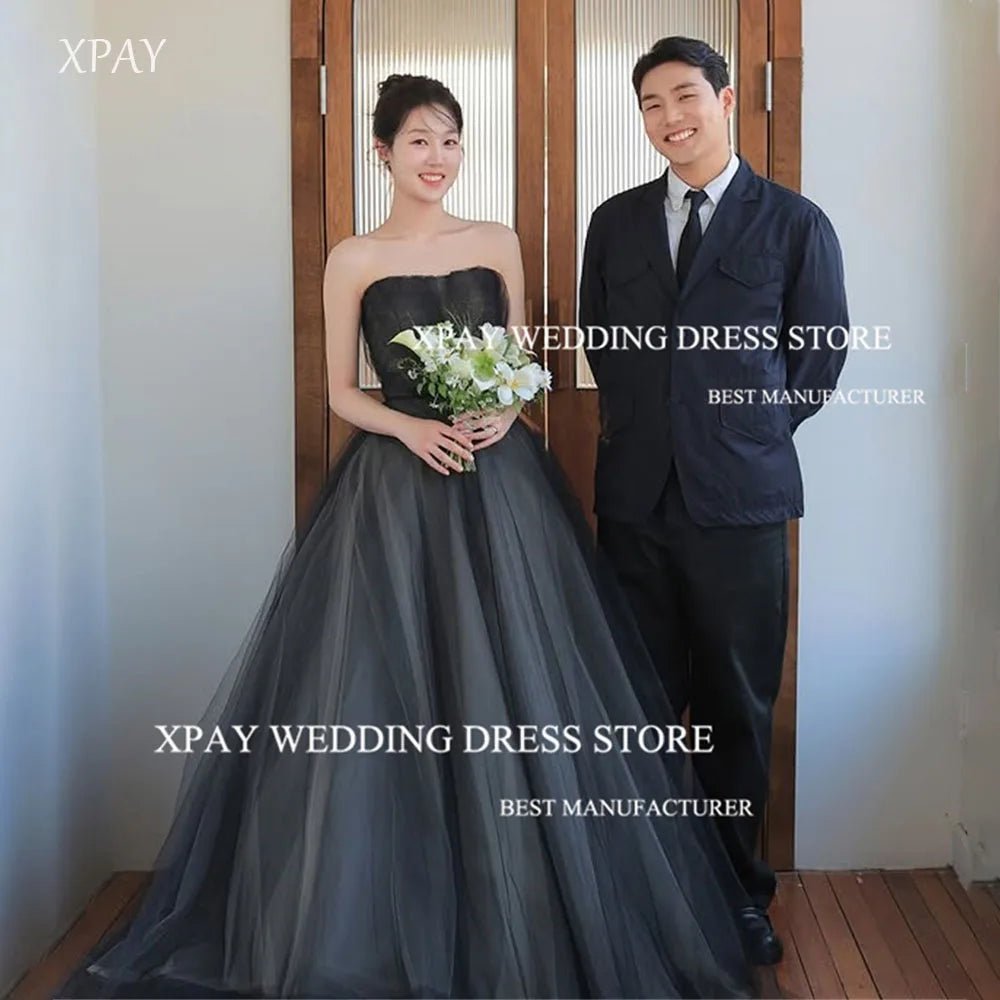 現代簡約黑色無肩禮服｜A字紗裙｜長裙設計｜可客製尺寸與顏色 - WeddLin 輕婚紗