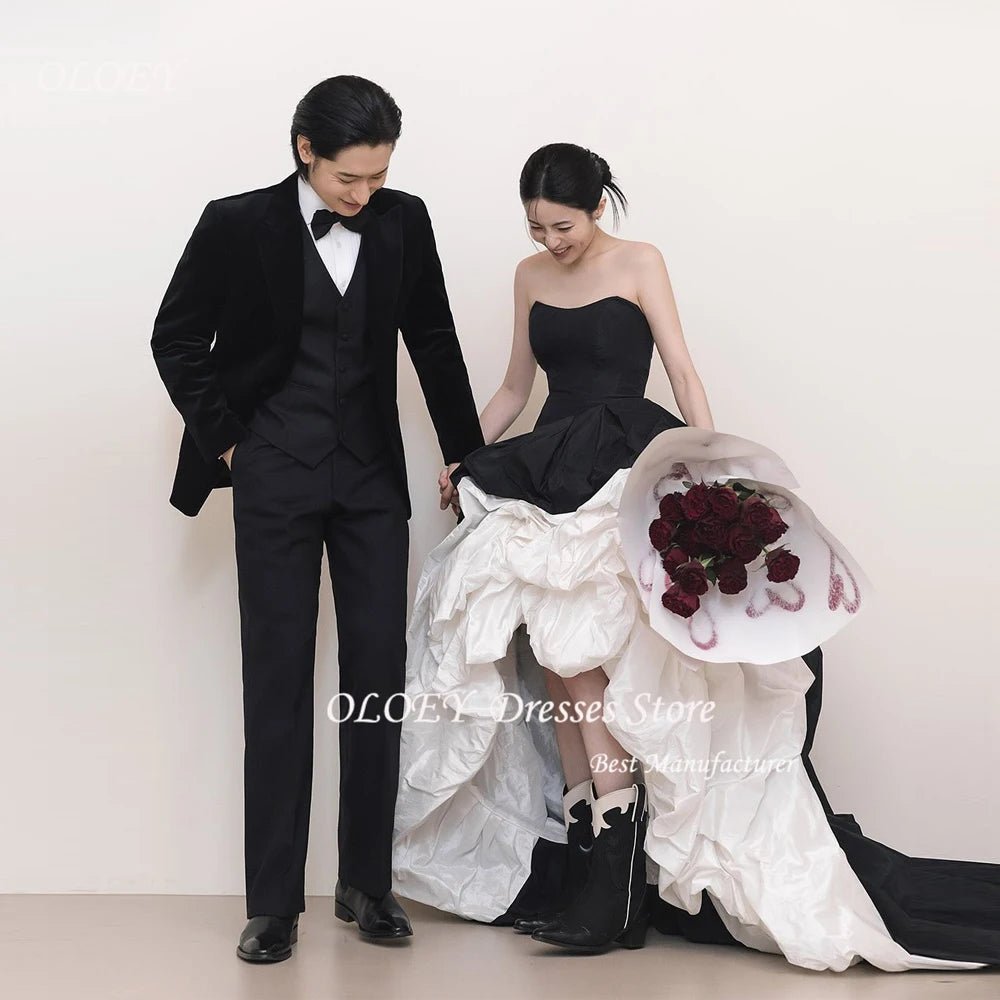 韓系訂製款白黑拼接禮服｜一字肩A字長裙｜緞面蝴蝶結晚宴婚紗禮服 - WeddLin 輕婚紗